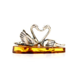 Sterling Silver Swans on Amber - Polished Gemstone Heart for Love-Inspired Decor, Crystal Display and Meaningful Gifting