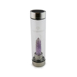 Aquarius Laterra Gemstone Water Bottle with amethyst crystal attachment inside clear glass bottle on white background.