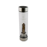 Leo Laterra Gemstone Water Bottle with tiger eye crystal attachment inside clear glass bottle on white background.