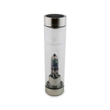 Pisces Laterra Gemstone Water Bottle with rainbow fluorite crystal attachment inside clear glass bottle on white background.
